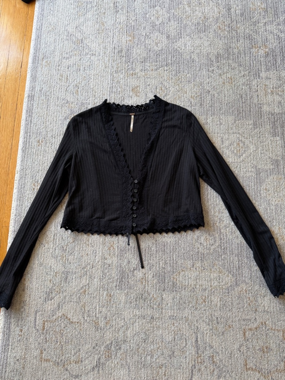 Free People Black Lace-Trim Cropped Button-Front Top